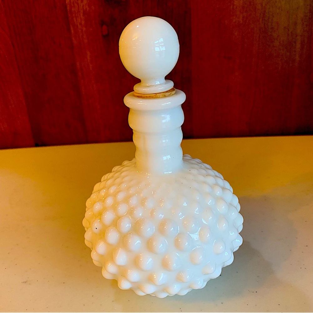 Vintage Anchor Hocking White Hobnail Milk Glass Perfume Bottle 6.5”